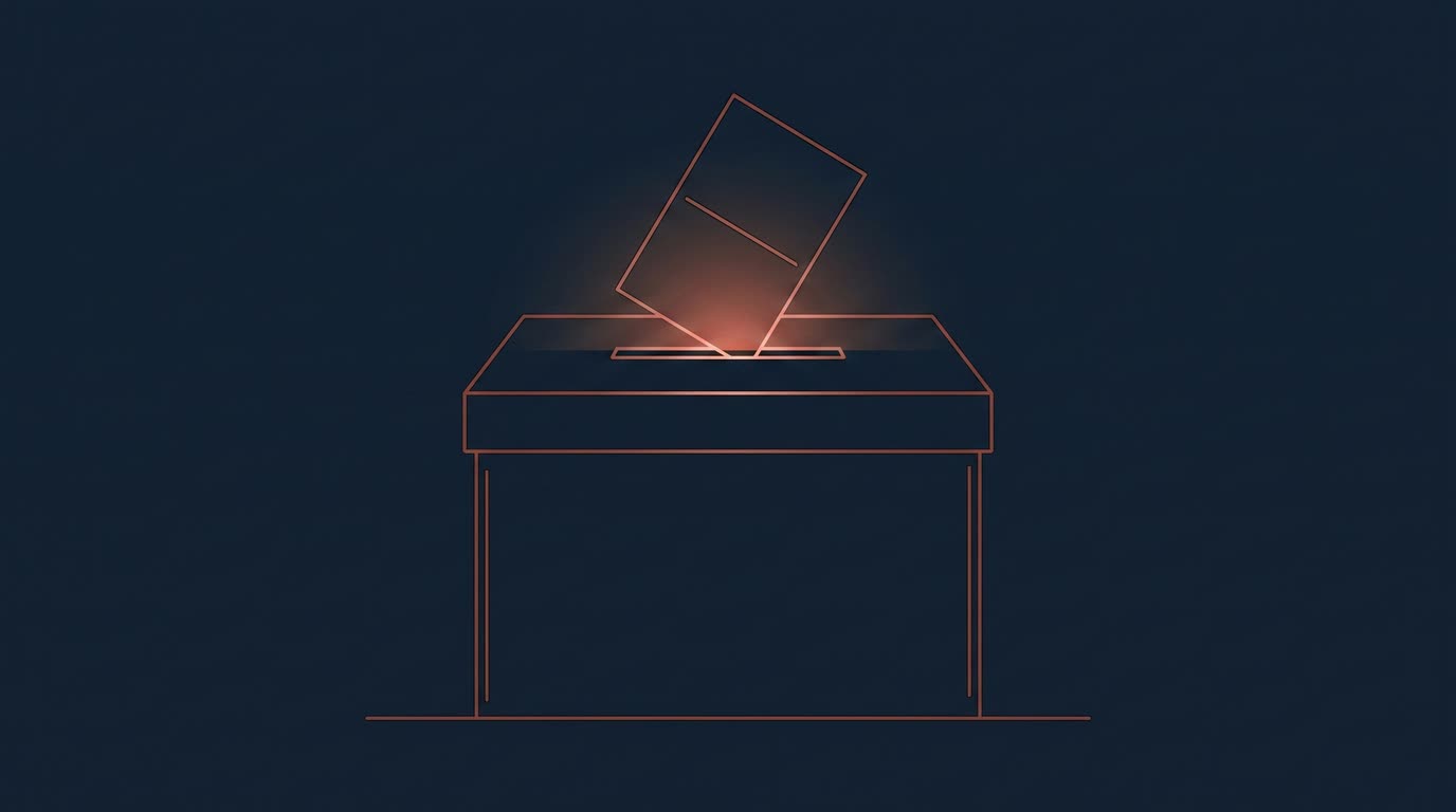 Oxblood ballot box with a folded ballot paper above the slot, on a deep navy background