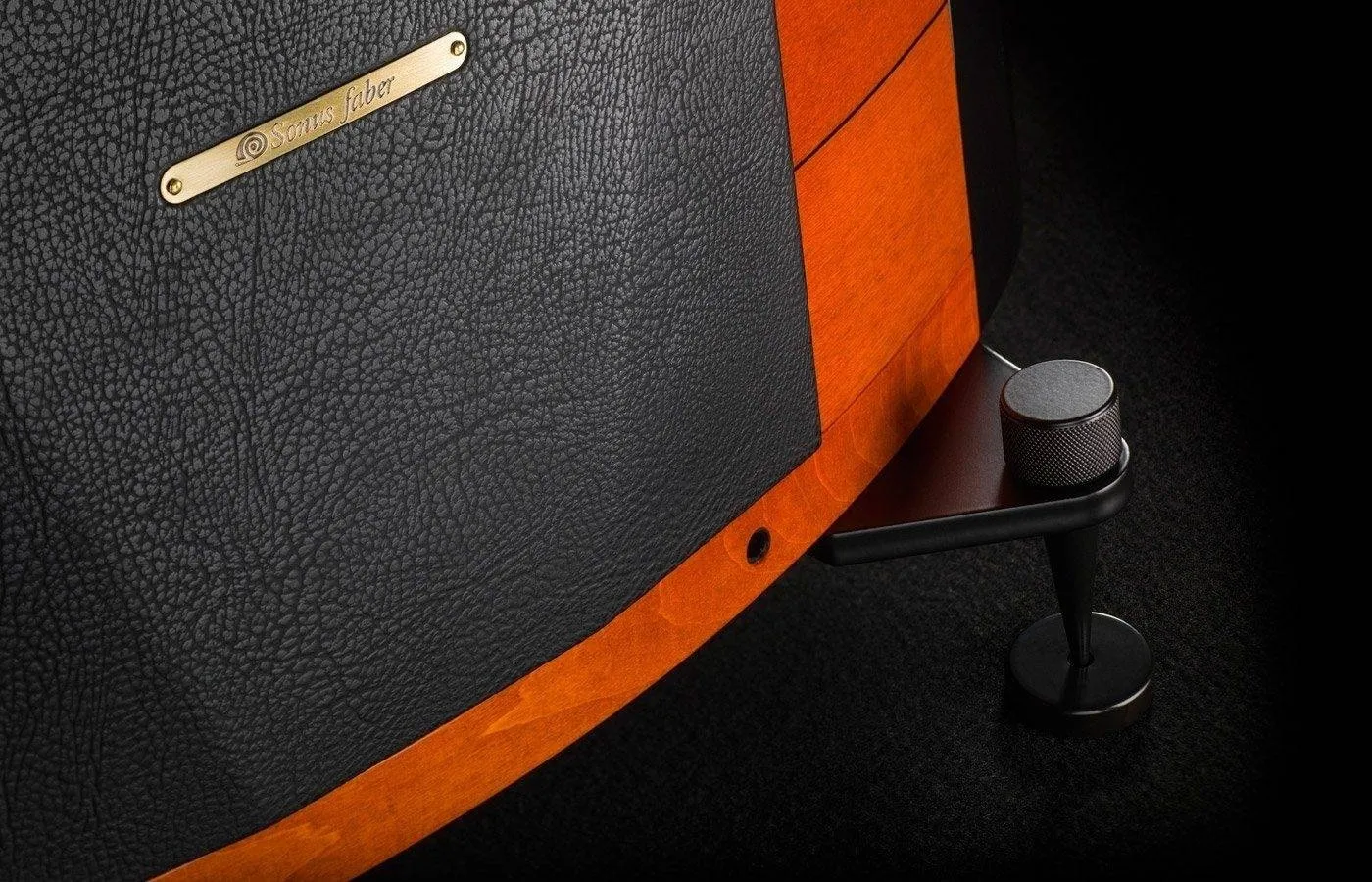 Sonus Faber Elipsa Red — leather trim and brass plaque detail